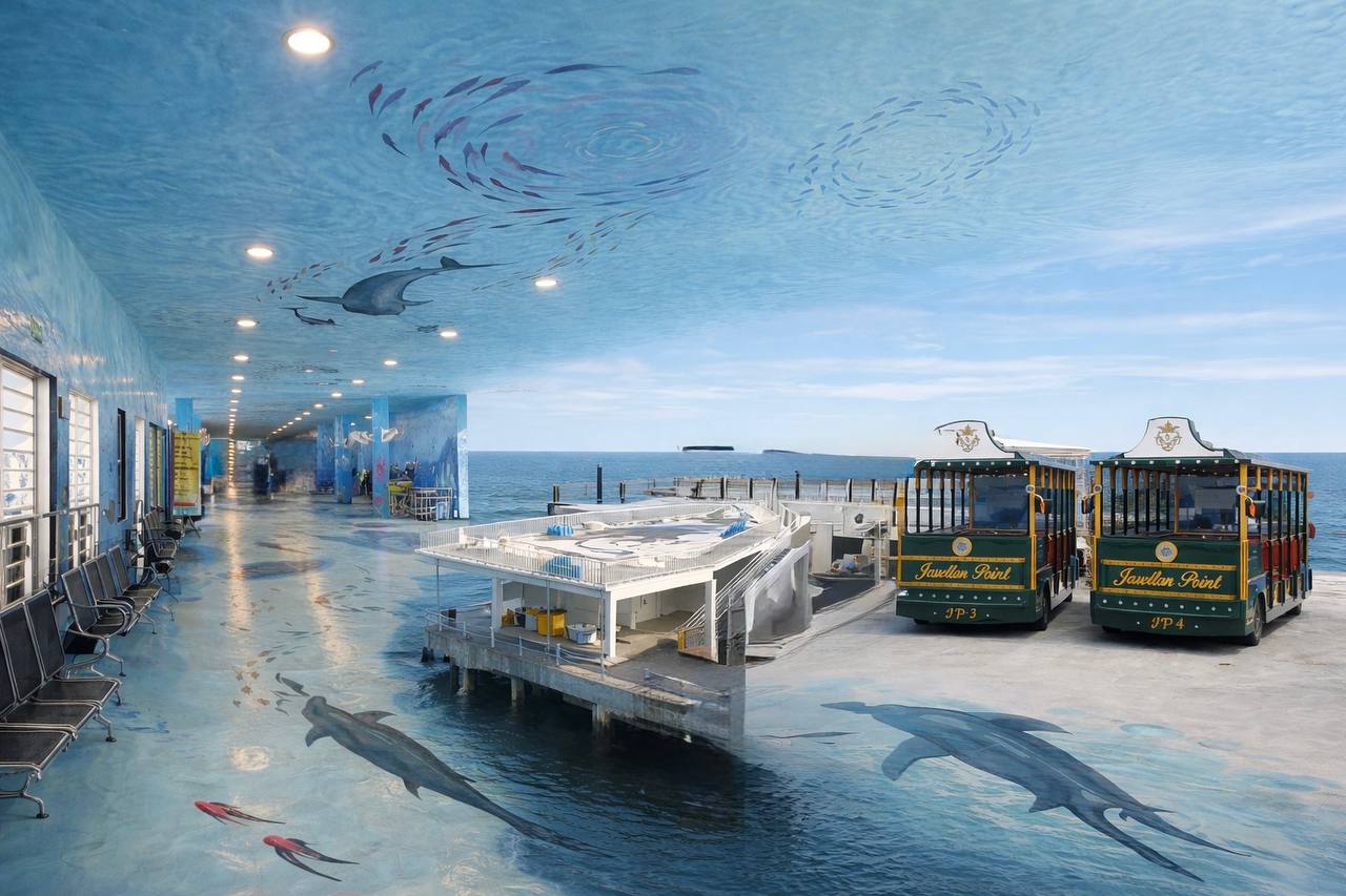Jesselton Point Ferry Terminal interior with ocean murals and Ding Ding cars